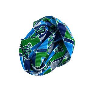 Vintage Pleated Rectangle Shawl Scarf Blue Geometric Neck Wrap Polyester